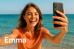 Emma is fun and happy. She is taking a selfie in front of the ocean